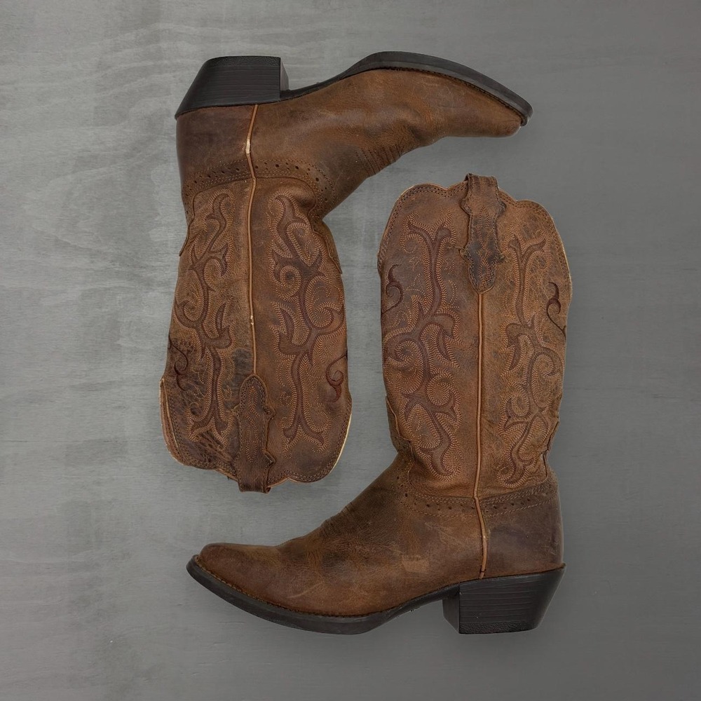 Women's Justin Cowboy Boots Brown Leather Western Embroidered Pointed Toe 6.5B